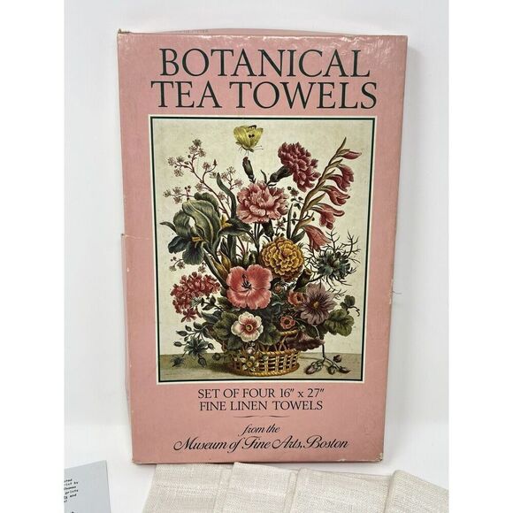 NOS Vintage Botanical Tea Towels MFA Museum Of Fine Arts Boston Linen Floral - Picture 2 of 5